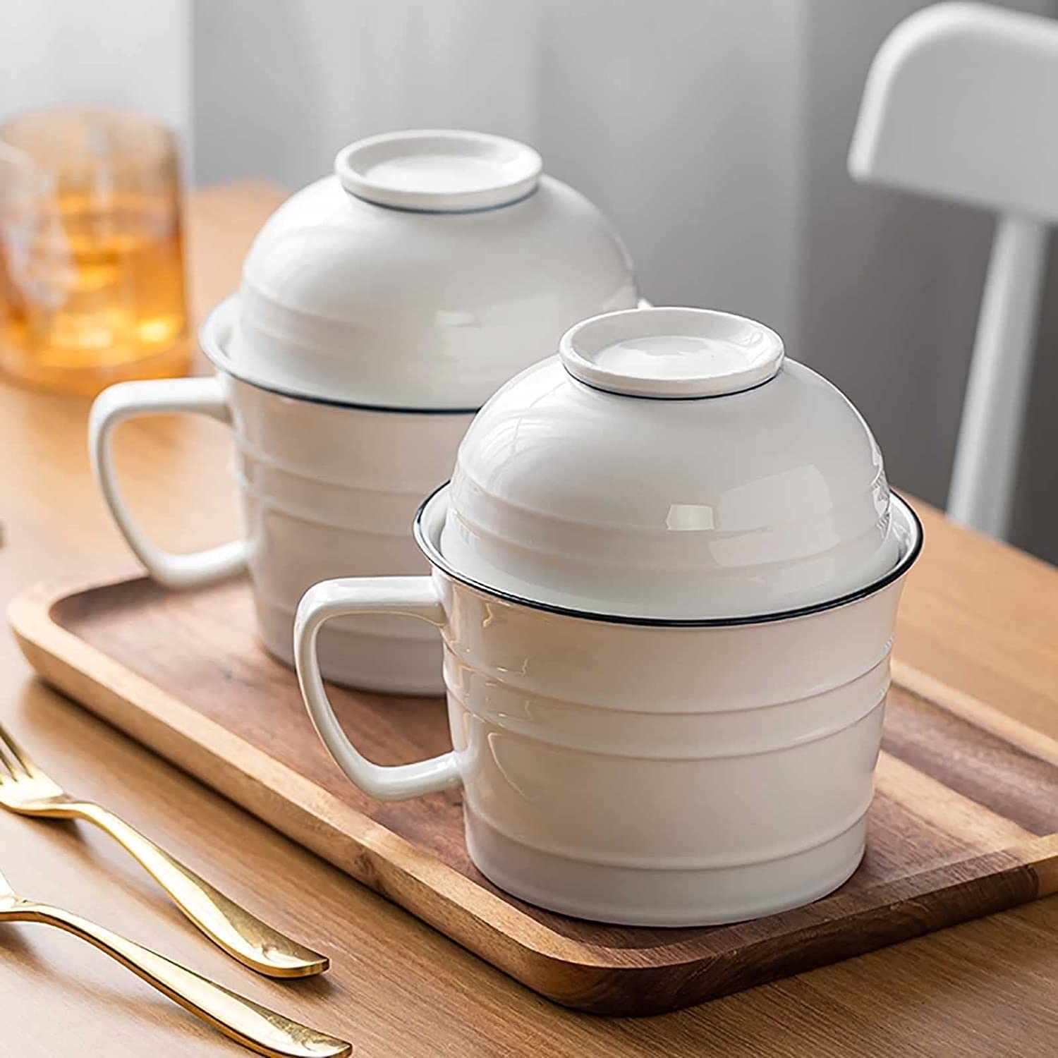 Instant-Nudelsuppenschüssel, Reisbehälterschüssel. Keramiktasse, große Instant-Ramen-Schalen mit Deckel, 900 ml tief, mit Griff, Lunchbox-Geschirr für Studentenwohnheime (Größe: Schüssel-Set)