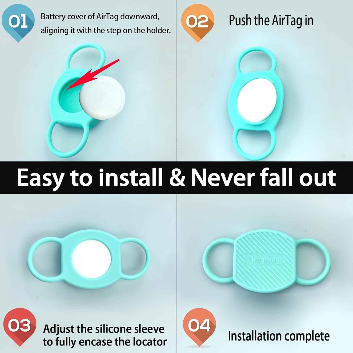 Comparison image showing the ThingsBag holder's highly elastic silicone and easy collar threading versus a competitor's design that is difficult to thread.
