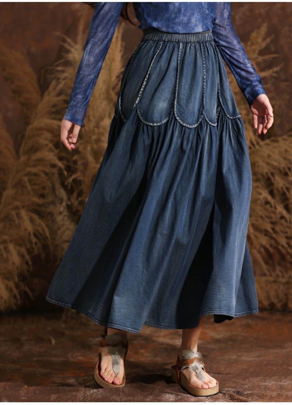 TatbUL Gonne da Donna,Gonna di Jeans con Cuciture A Fiore di Loto retrò da Donna Blu Scuro Gonna Midi A Pieghe A Vita Alta Boho Etnico Distressed Denim Lavato A-Line Gonne Lunghe per Ragazze Signore