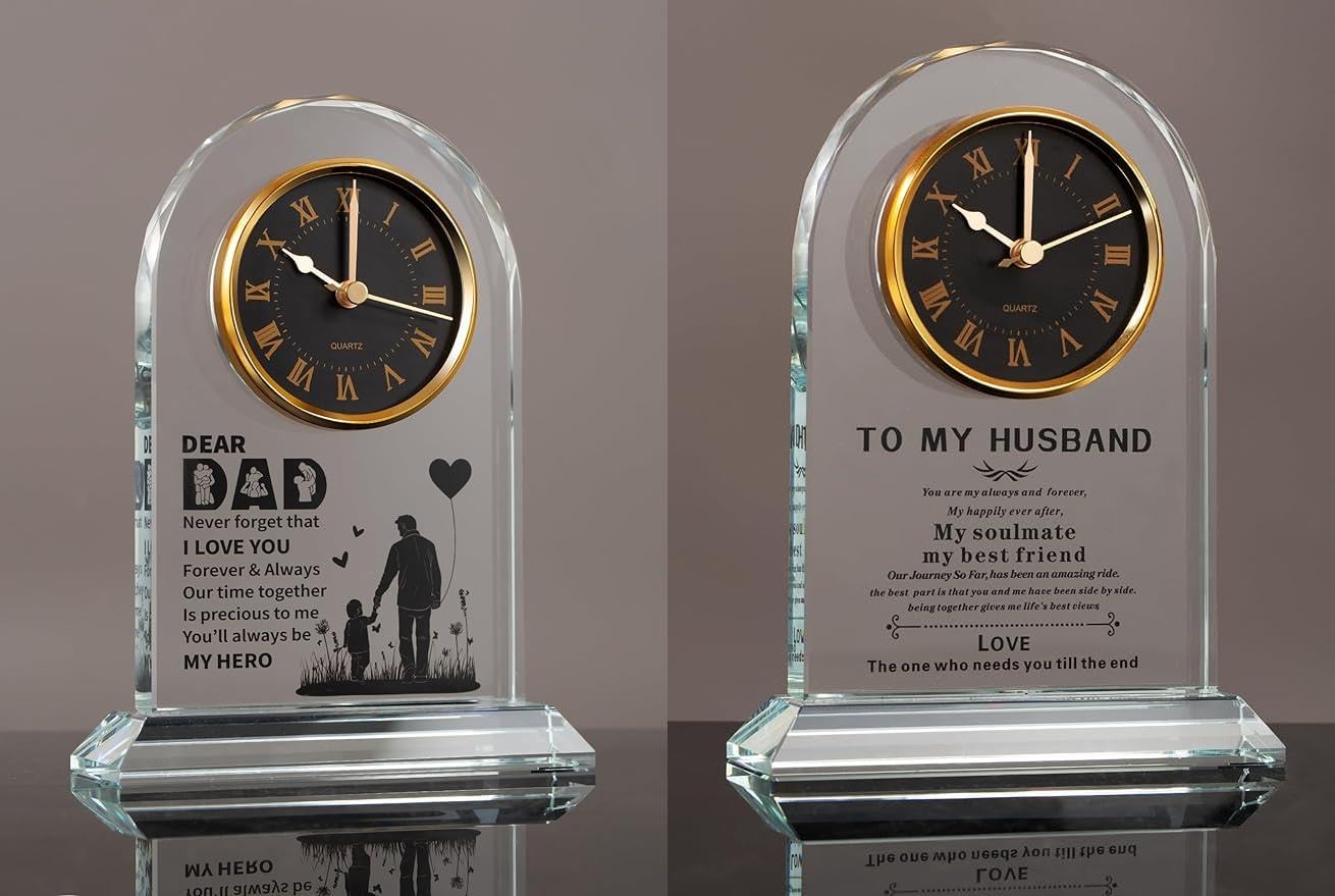 Glass Clock Gift for Dad, Husband – Unique Birthday/Christmas/Valentine’s Present from Daughter, Son or Wife, Elegant Desk Clock with Base for Men Who Have Everything