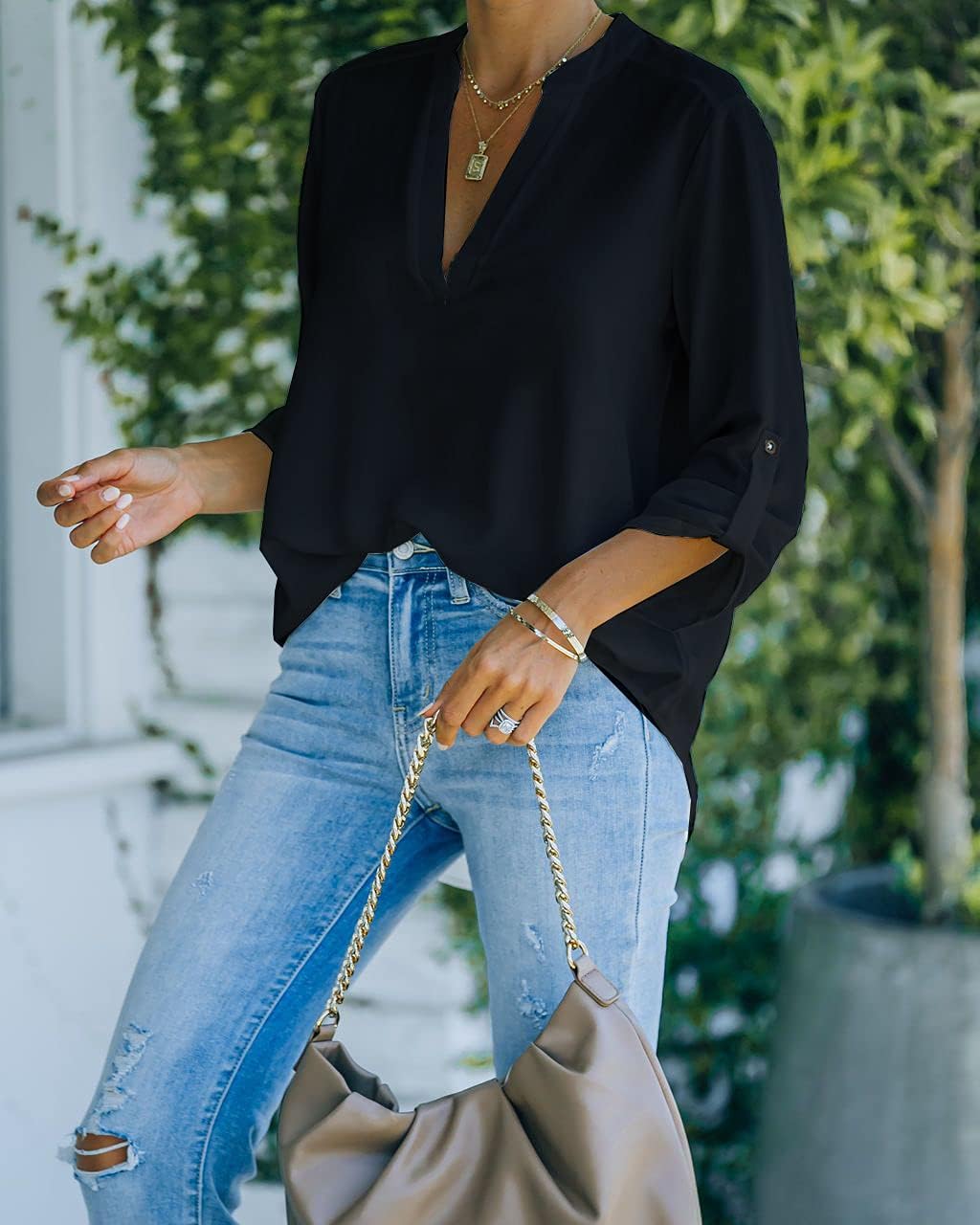 AISEW Womens Casual V Neck Shirts Cuffed Sleeves Chiffon Blouses Loose Solid Henley Work Tops - Image 5