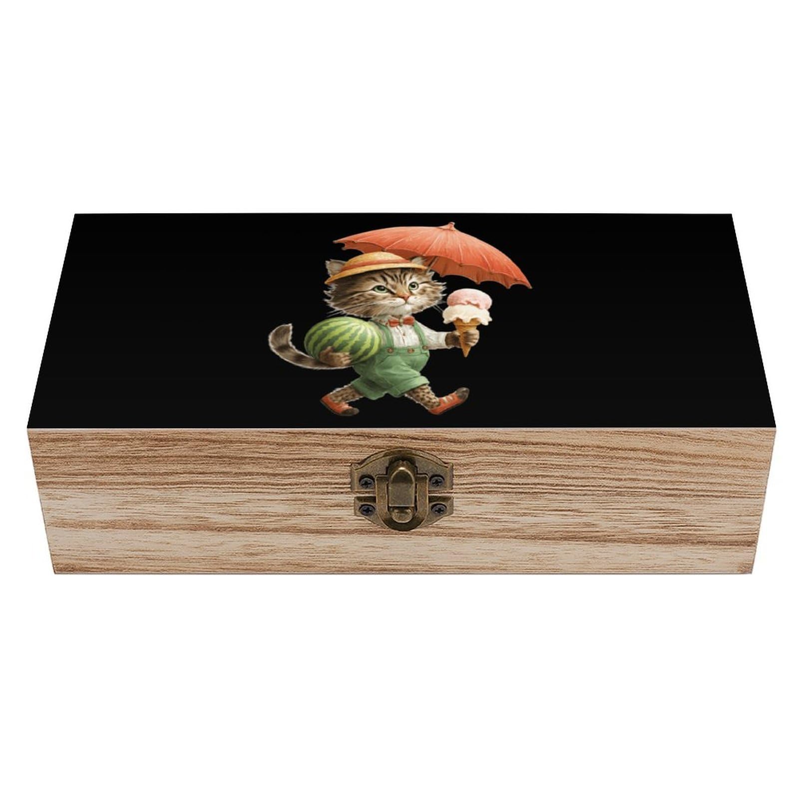 HLBSDM Animal Cat Ice Cream Wooden Box with Hinged Lid Decorative Storage Case Container