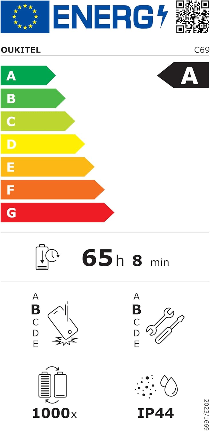 EU Energy Efficiency Label for OUKITEL C69, showing A rating and other specifications.