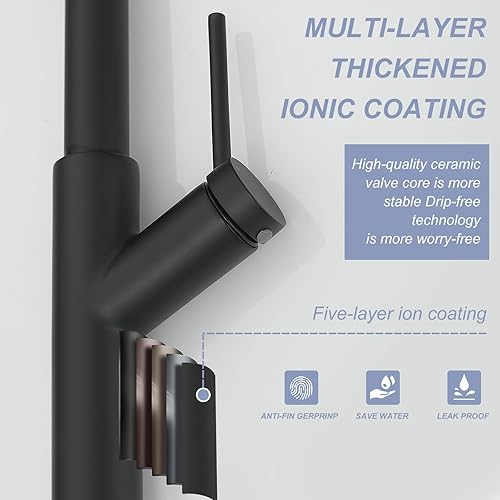 Miniatura 8 de BWE Grifos de cocina con rociador desplegable de 2 funciones de arco alto negro mate grifo de fregadero de cocina de latón de una sola manija con