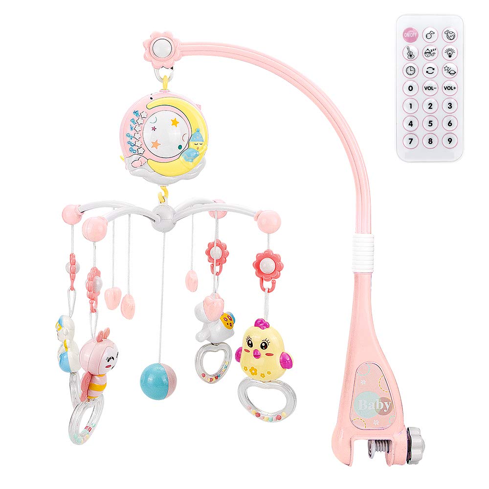 Móvil Musical para Cuna de Bebé con Mando a Distancia Luz de Estrellas Campanilla Decoración Sonajero para Cama Juguete Proyector de Cuna para Bebés Recién Nacidos (rosa)