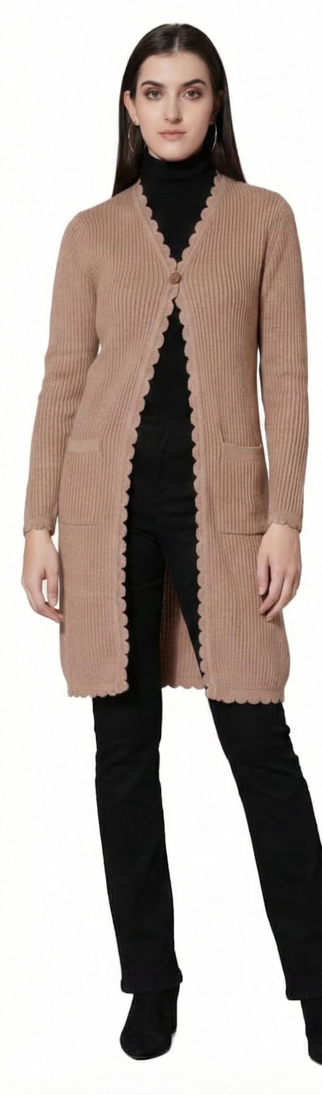 Women's Ribbed Knit Long Cardigan Shrug with Scalloped Edges and Pockets, Beige-picture-34