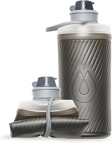 Hydrapak Flux - Botella de agua plegable para mochileros (1 litro), sin BPA, ultraligera, tapa giratoria a prueba de derrames, color gris mamut
