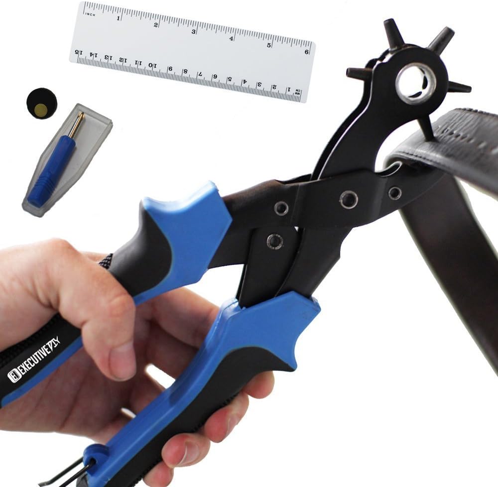 Premium Leather Hole Punch - PERFECT Holes For Belts & Custom Punching - Easy to Use + FREE Bonus – 5yr Warranty - Executive DIY Single Puncher Pliers Tool Kit for Craft Paper Fabric Saddles Plastic