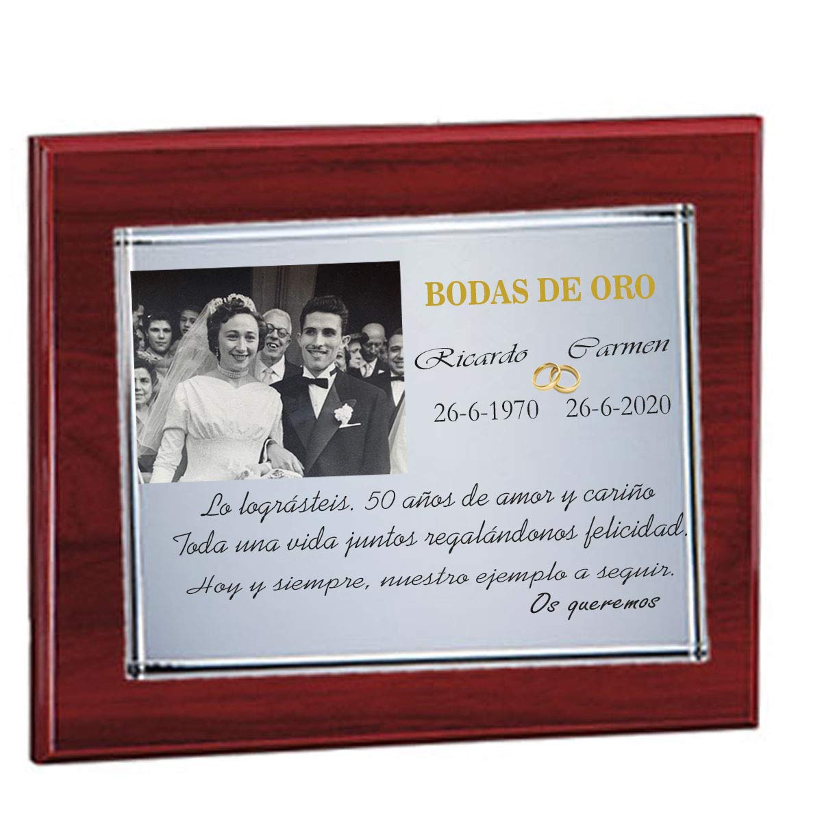 Curia Grabador - Placa Conmemorativa de 50 Aniversario Grabada en Madera - Placa grabada Personalizada con Foto y Texto a Elección - Regalos Bodas de Oro en Madera