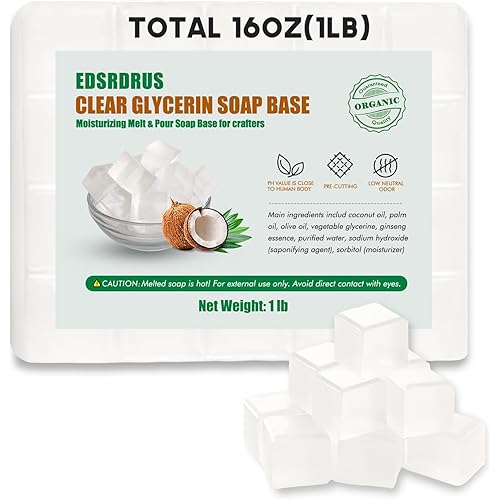EDSRDRUS 1LB Unscented Glycerin Soap Base DIY Handmade Soap Moisturizing Melt and Pour Soap Base for Crafting, Vegetable Glycerin & Coconut Oil, Easy to Cut (Transparent, 1LB)