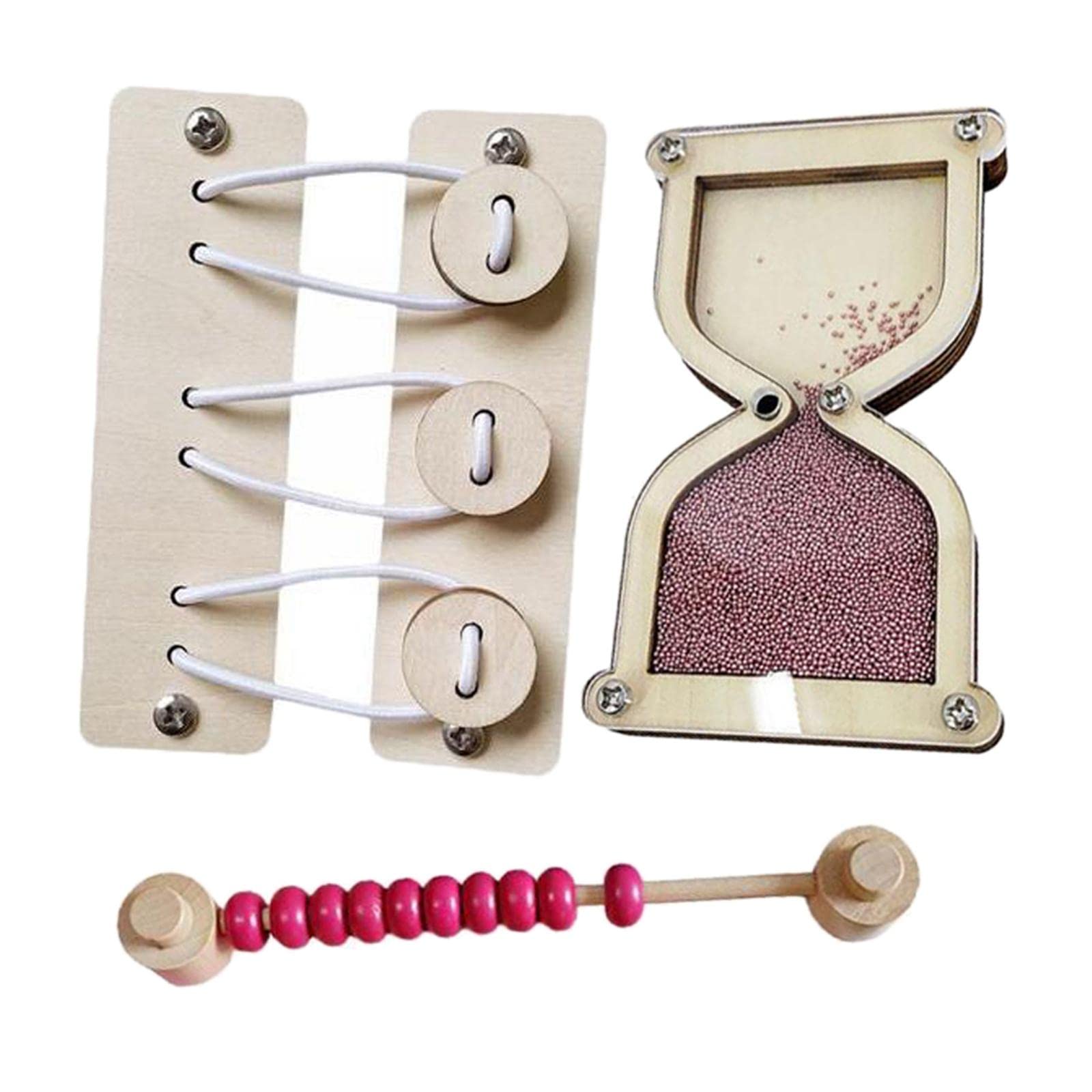 Baoblaze3 pieces Wooden Busy Board Toys Early Educational Fine Enlightenment DIY for Kids Preschool Baby, Hourglass and Abacus Bead and Button