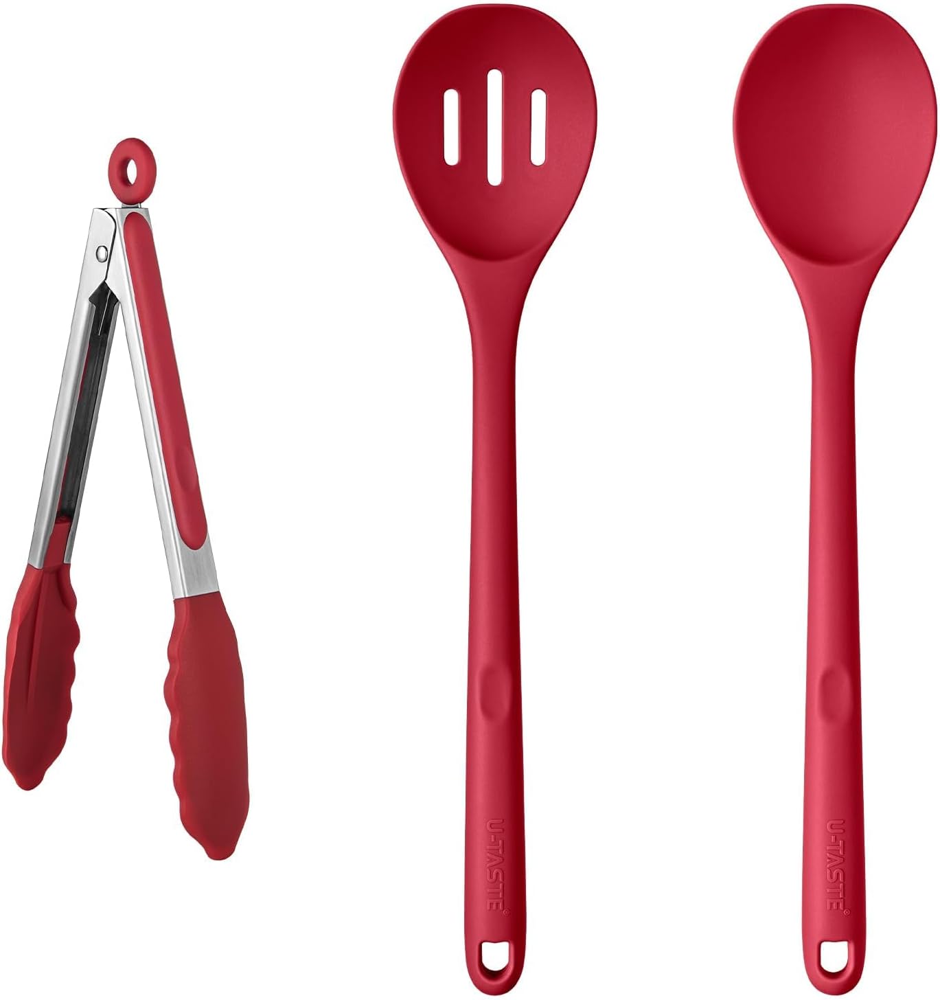 U-Taste 600℉ Heat Resistant Food Grade Non Stick Firm Cooking Tongs (9 in), and 600ºF Heat Resistant Silicone Spoons, 13.3in Solid & Slotted Kitchen Mixing Tool (Red)