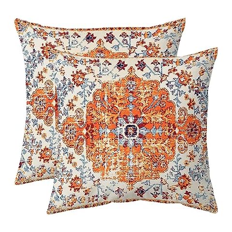 chiinvent Boho Pillows Covers 16x16 Inch Set of 2 Bohemian Vintage Rust Carpet Pattern Throw Pillows Orange Blue Ethnic Floral Decorative Cotton Linen Cushion Cases for Outdoor Couch Sofa Living Room Cover