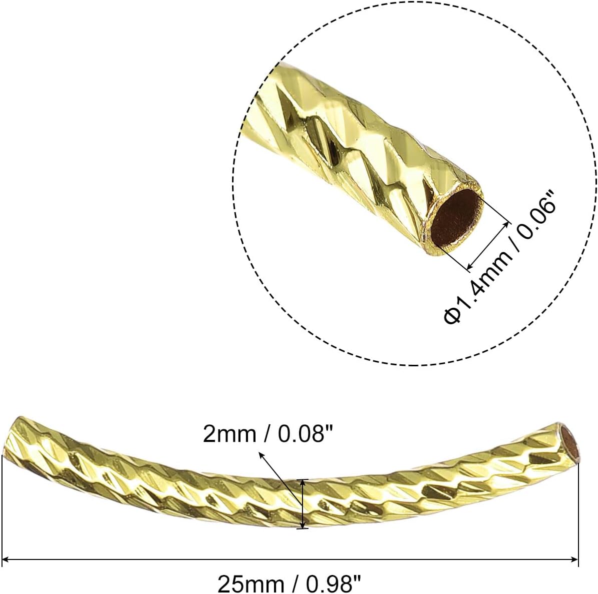 uxcell 40Pcs Brass Curved Tube Beads, 2x25mm Texture Plating Noodles Spacer Bead for Jewelry Craft Making, Gold Tone - Image 2