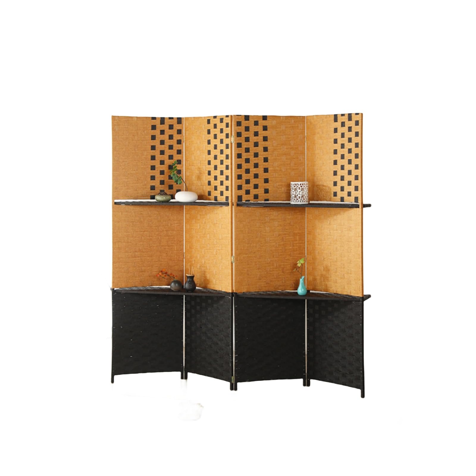 Séparateur de pièce tissé à la main avec étagères et 4 panneaux pliables en bois