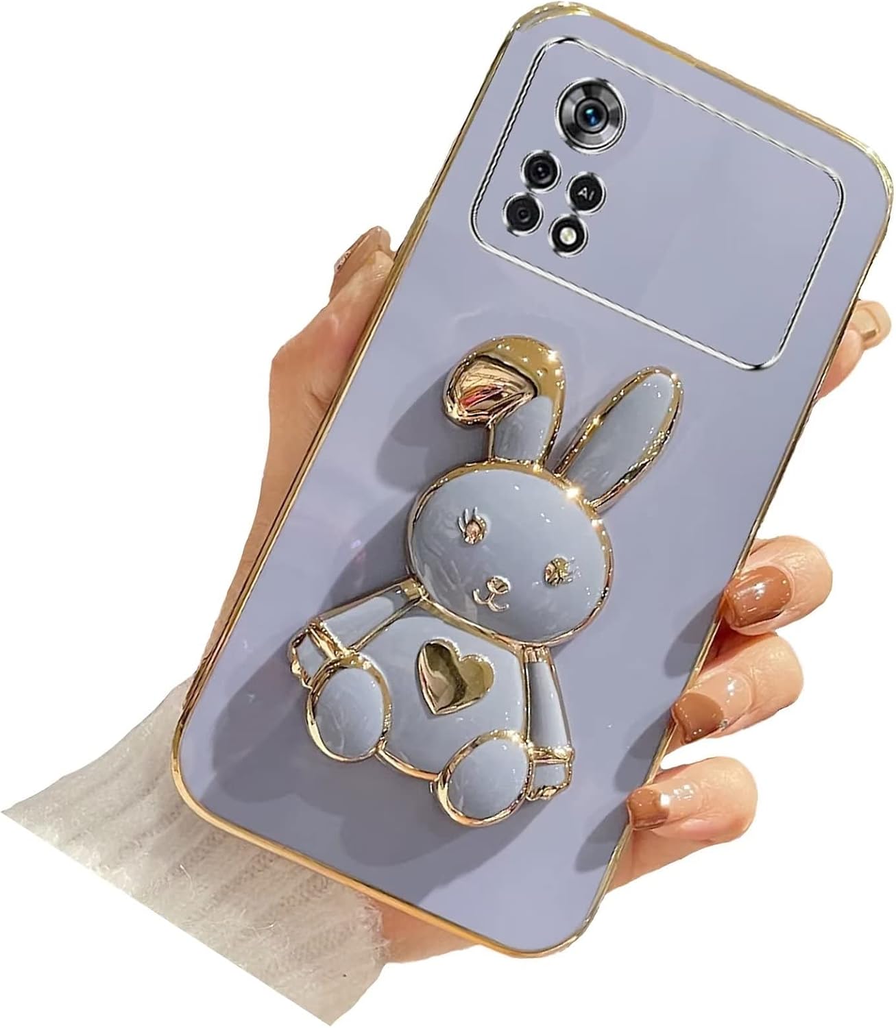 Etui na Xiaomi POCO M4 Pro 4G, uroczy króliczek, ukryta podpórka, kobiety, mężczyźni, dziewczęta, cienkie, miękkie, platerowane 3D, serce, królik, stojak, elastyczny, TPU, odporne na wstrząsy pokrowiec ochronny