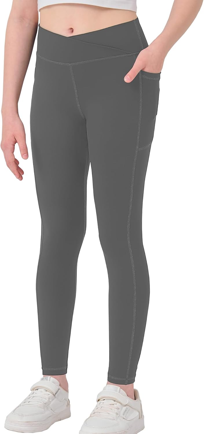 Girls Crossover Yoga Pants, Kids Athletic Leggings with Pockets, Teen Girls Dance Running Workout Leggings