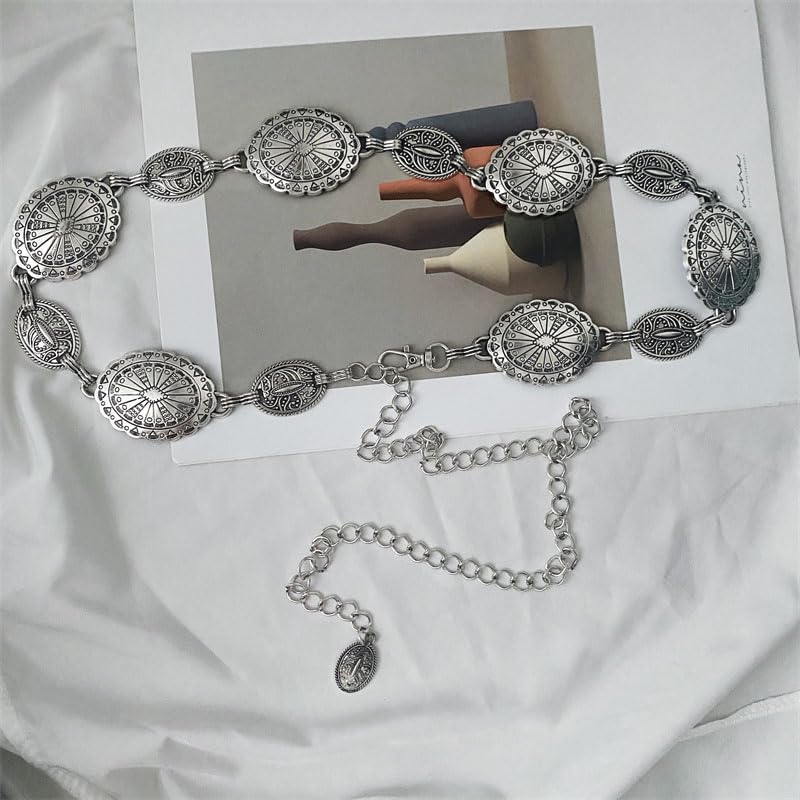 Aluinn Silver Concho Belt Waist Chain belt Links Belt Adjustable Metal Western Belts Jewelry Country Concert Outfit for Woman4