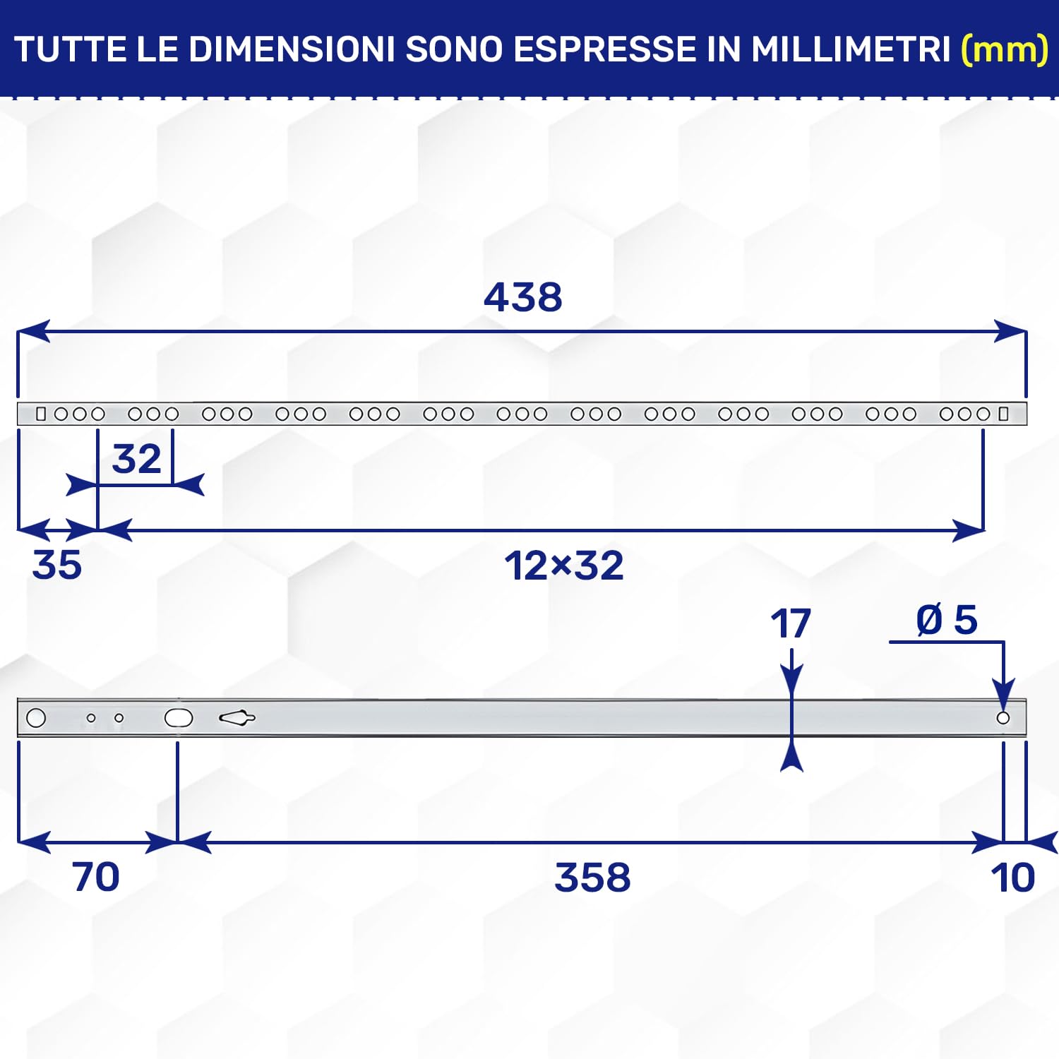 1 Coppia Guide per Cassetti con Cuscinetti a Sfera 438 mm x H 17 mm - Telescopiche Guide Cassetti Scorrevoli Hanno Un'estensione Parziale di 338 mm - Garanzia di 10 Anni - MONTERAL