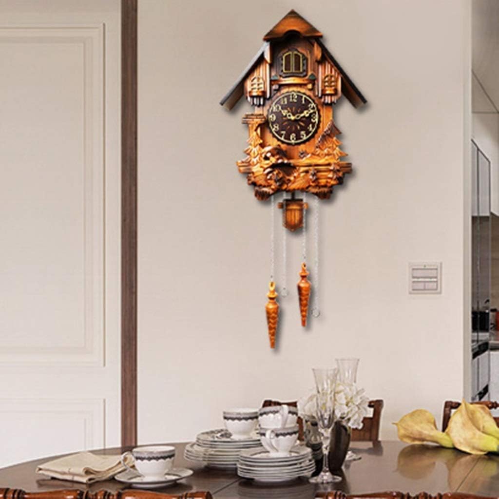 Cuckoo with Night Mode in Traditional German Style with Carved Squirrels Art Crafts Home Wooden Cuckoo Clock Wall Decoration