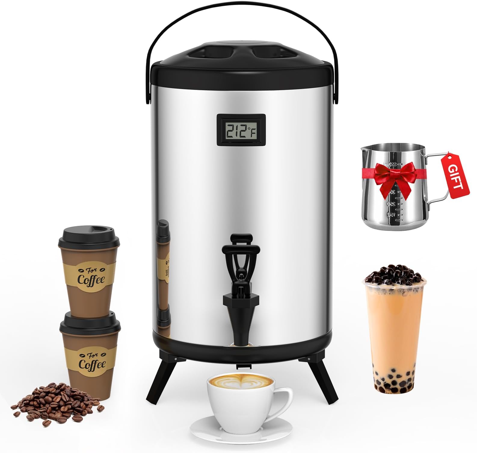 Insulated Beverage Dispenser 2.2 Gallon: 304 Stainless Steel Thermal Hot Beverage Dispenser 8 L, Hot and Cold Drink Dispenser with Spigot for Hot Water Coffee Chocolate Tea Cold Milk Cocoa