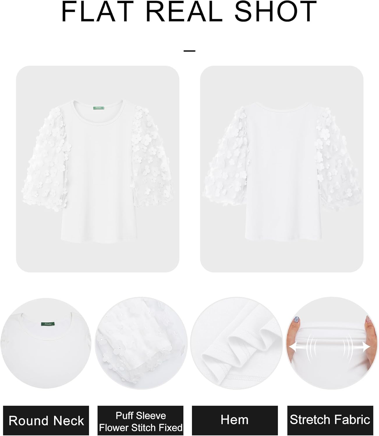 Women Blouses Summer Casual Crew Neck Cotton Tshirts 3/4 Puff Sleeve Mesh with Appliques Fall Tops Going Out - Image 5