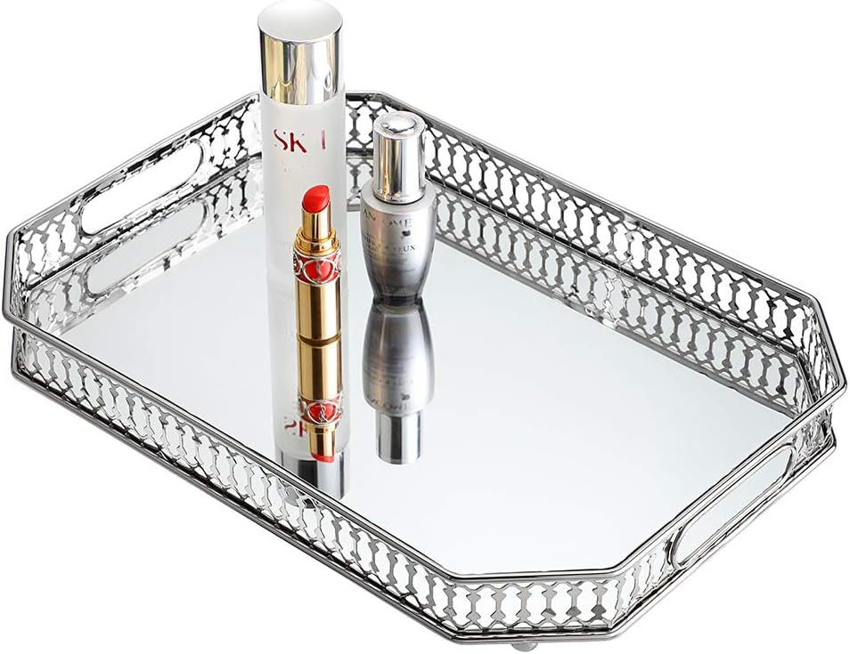 Hipiwe Vanity Makeup Mirror Tray - 13.8" X10" Metal Jewelry Trinket Organizer Tray Cosmetic Perfume Tray Home Decorative Tray for Dresser Bathroom Bedroom Countertop,Large Size