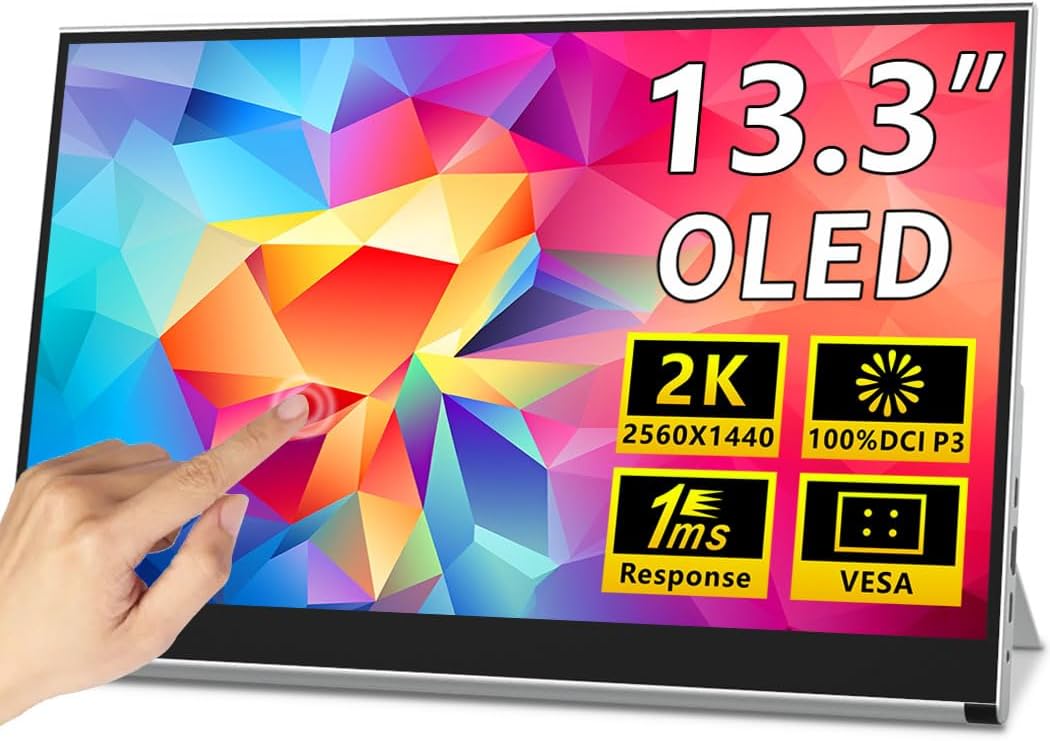 OLED Portable Monitor 13.3", 2K Touchscreen Gaming Monitor, 100% DCI-P3, 10-Bit Color, 1ms, Ultra-Slim w/Kickstand, USB-C & HDMI External Display for Laptop/PC (13.3" 2K OLED)