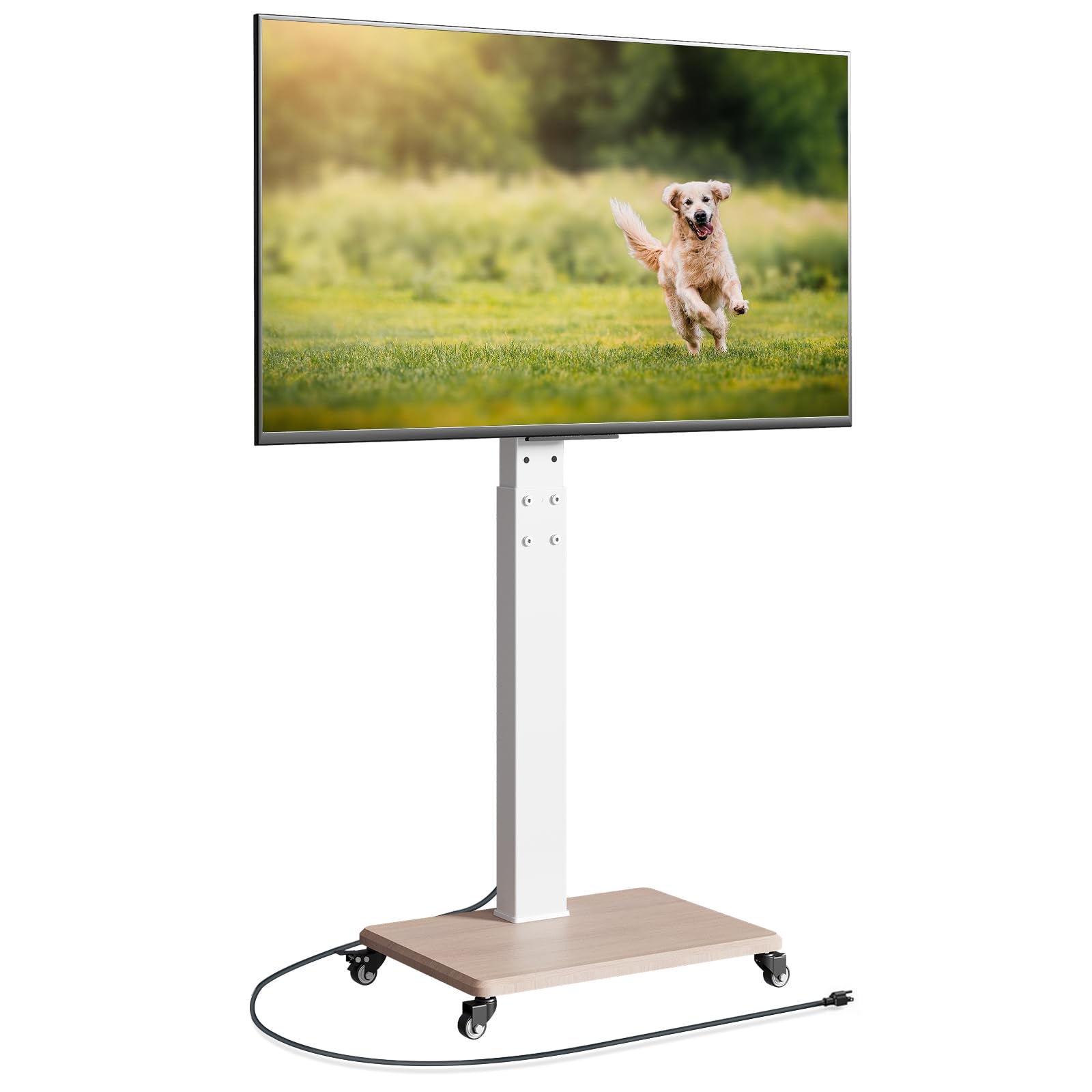 Rolling TV Stand with Power Outlet for 32-75 Inch TVs, Swivel Mobile TV Cart on Wheels, Height Adjustable Tilting Outdoor TV Stand up to 110lbs for Indoor/Outdoor Use, Max VESA 600x400mm