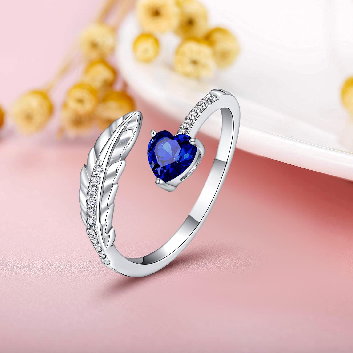 Silver Feather Ring, Birthstone Open Finger Rings for Women Adjustable Size 6-12