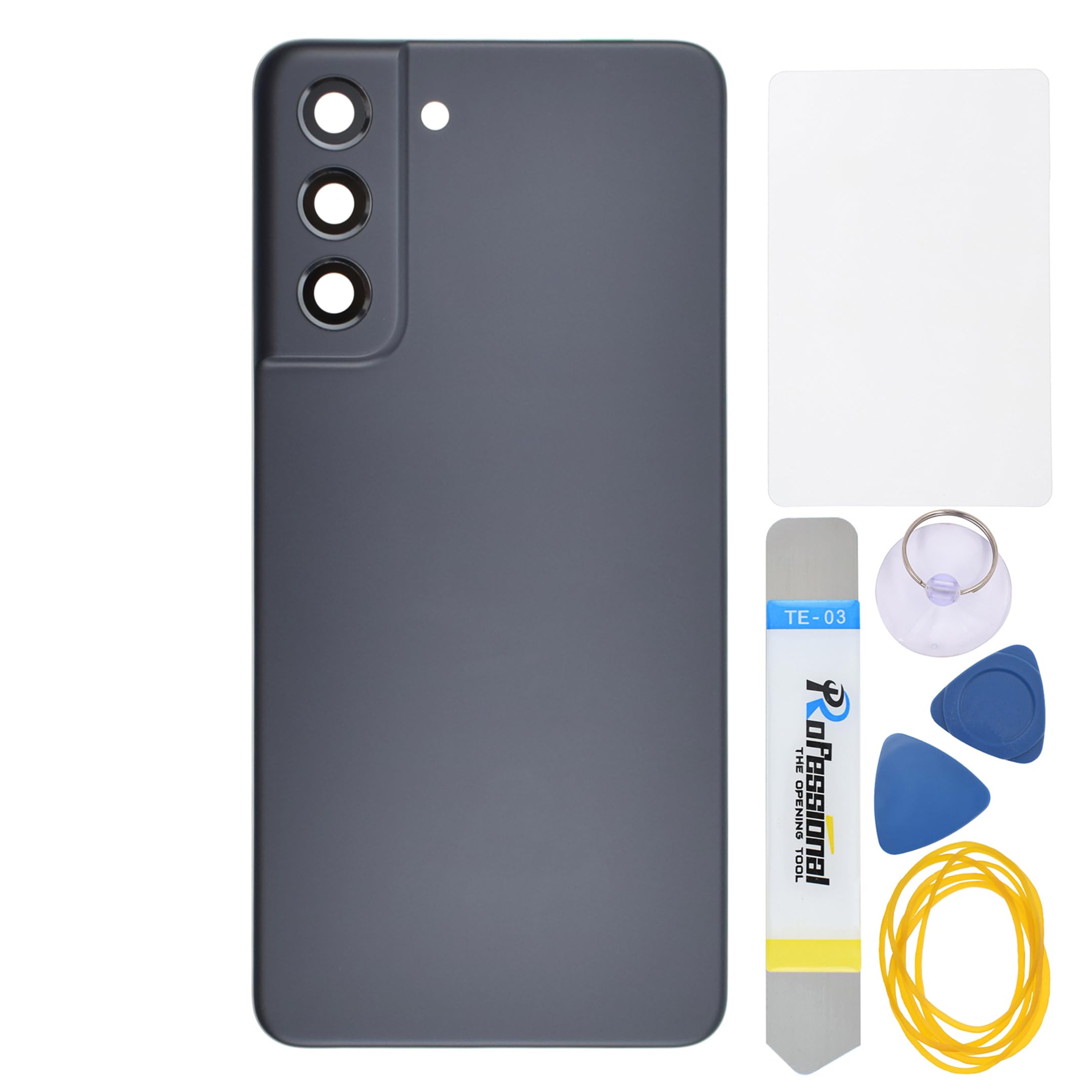 Graphite Plastic Back Repair Part for Samsung Galaxy S21 FE 5G SM-G990B with Rear Camera's Frame Glass Lens Pre cut Adhesive and tool kits