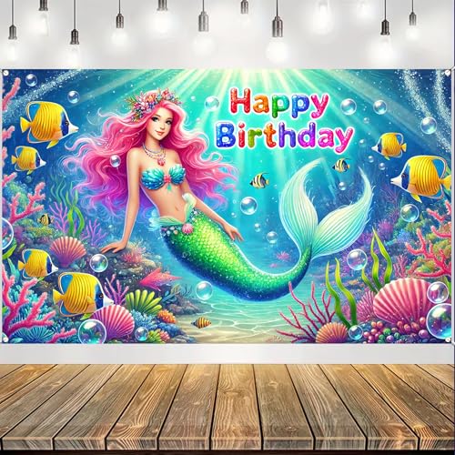 Image of BlissYard Happy Birthday Backdrop Colorful Sea Mermaid Princess Party Banner Photo Background for Photography Girls Birthday Party Decoration Supplies 71 x 43Inches