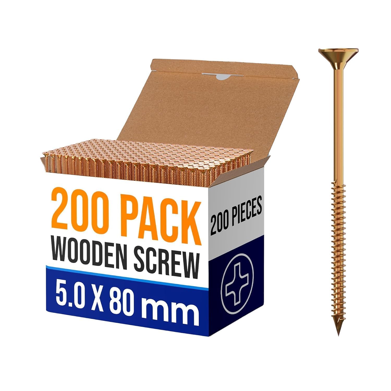 200 PCS Wood Screws, 5mm x 80mm Countersunk Wood Screw, Multi Use Self Tapping Single Thread WoodScrews For DIY, Furniture & Repairs