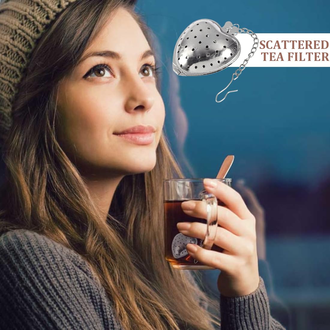 Colini Da Tè A Forma Di Cuore In Acciaio - Set Da 4 Con Catena, Per Tisane E Infusi - Foto 7