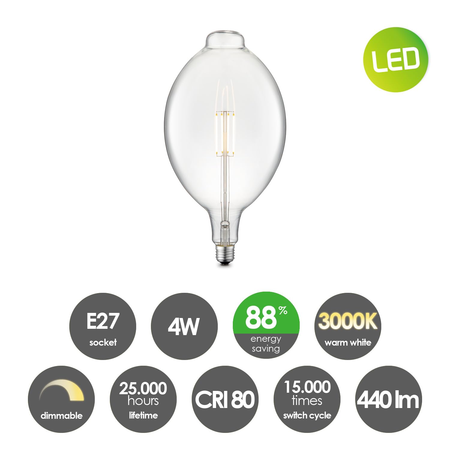 Home Sweet Home Edison Vintage E27 | fuente de luz LED filamento Carbon | G180 Oval lámpara LED | Claro | Regulable | 4W 440lm 3000K | luz blanca cálida | Apto para casquillos E27