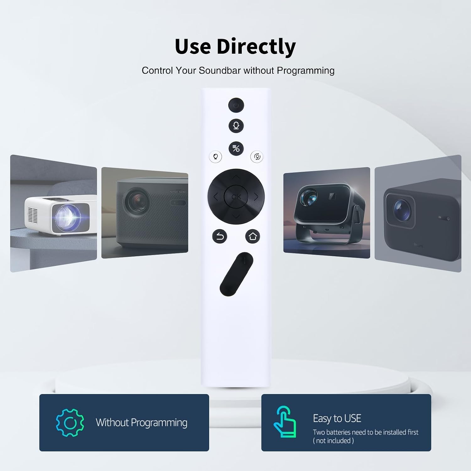 Image showing the remote control with text 'Use Directly' and 'Control Your Soundbar without Programming', surrounded by images of various projectors.