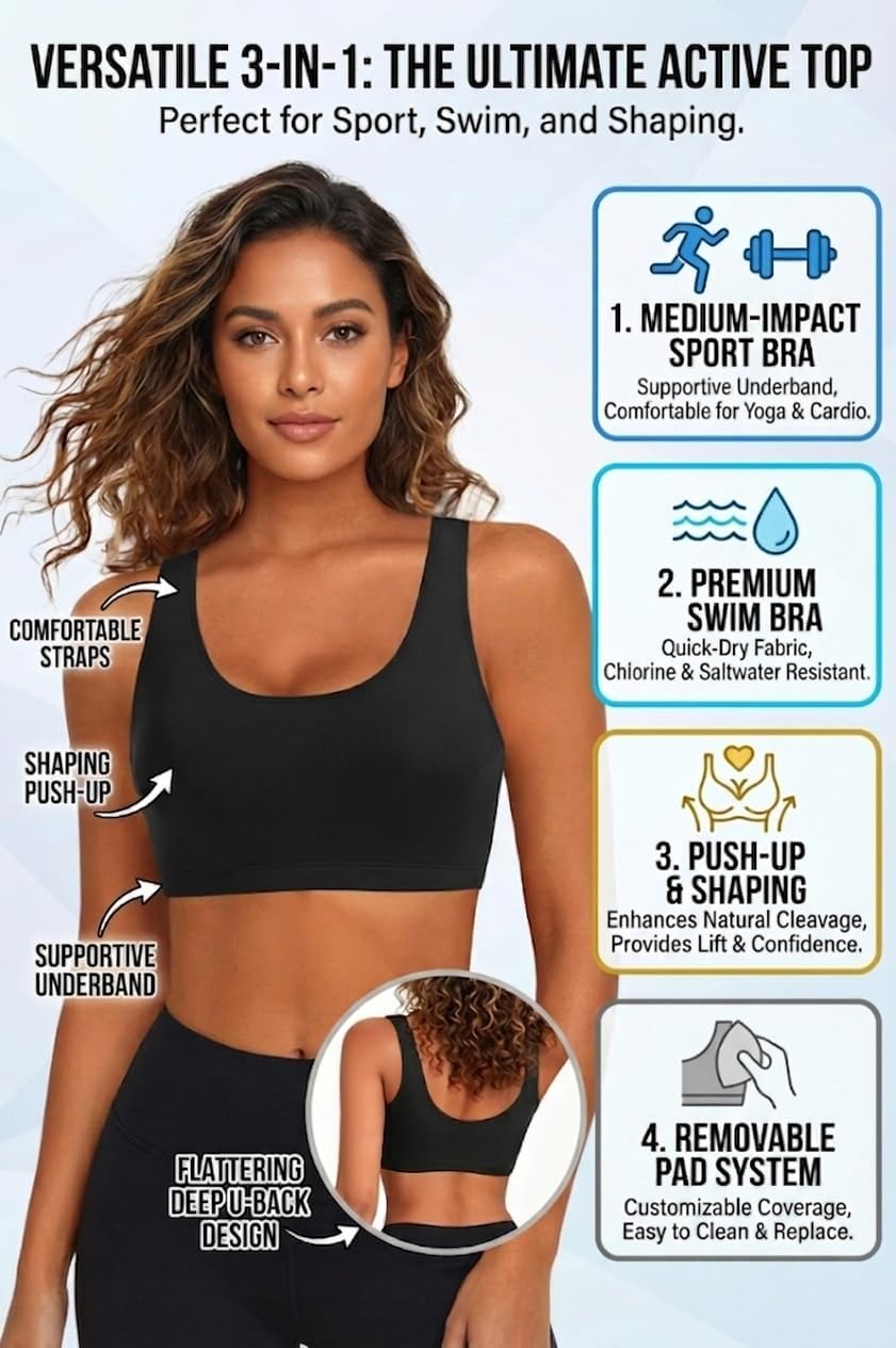 Tempt Me Women Sports Bra Bikini Top Push Up Scoop Neck Bathing Suits Top Padded Swim Crop Tops Only