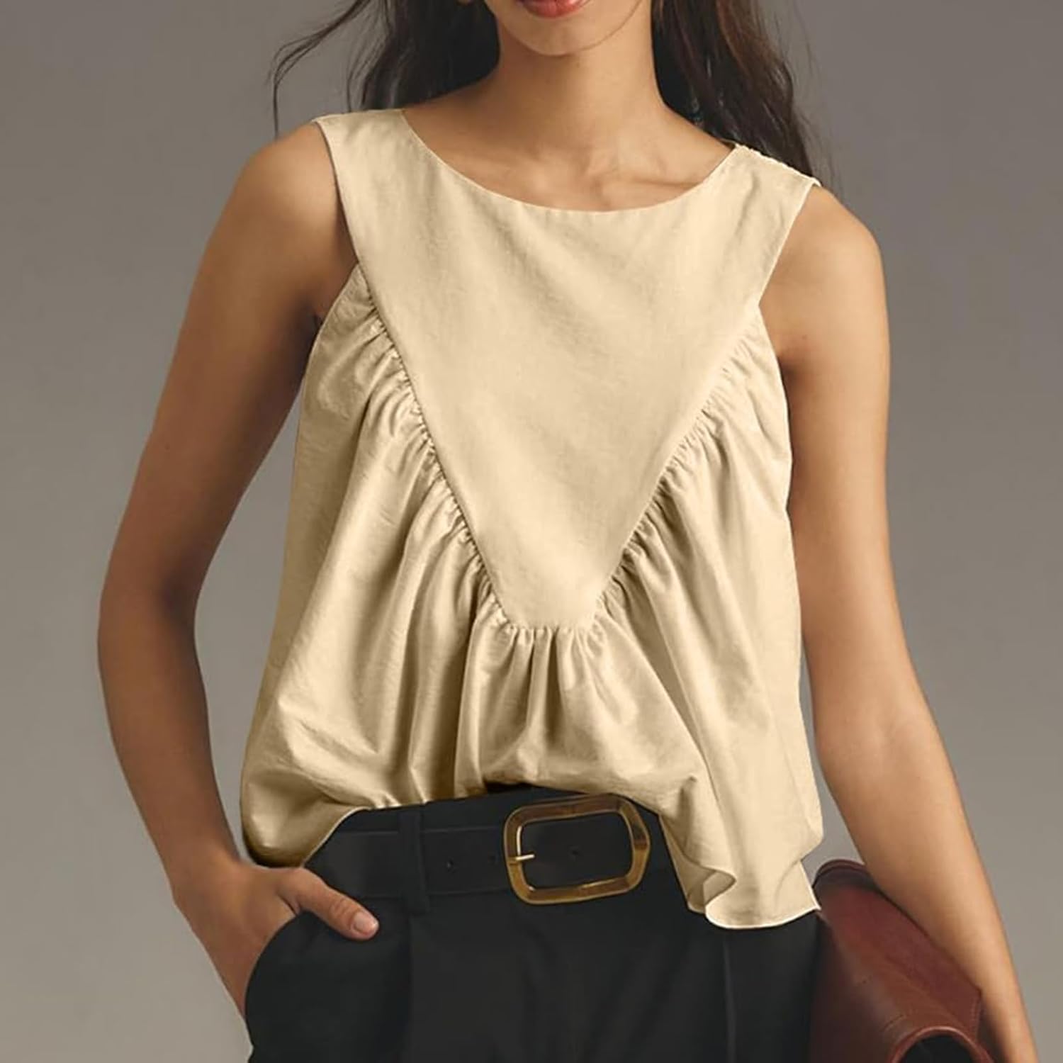 WOWULOVELY Womens Shirred Swing Tank Tops Peplum Babydoll Top Pleated Flowy Sleeveless Vest Loose Ruffled Casual T-Shirts - Image 6