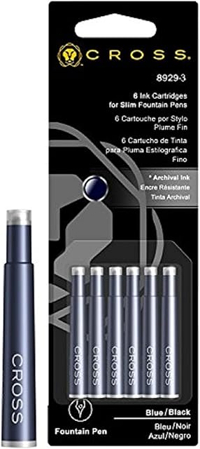 Cross 8929-3 Original Refill for Slim Fountain Pens, Suitable for Cross Spire Fountain Models, 6 Pack, Blue/Black
