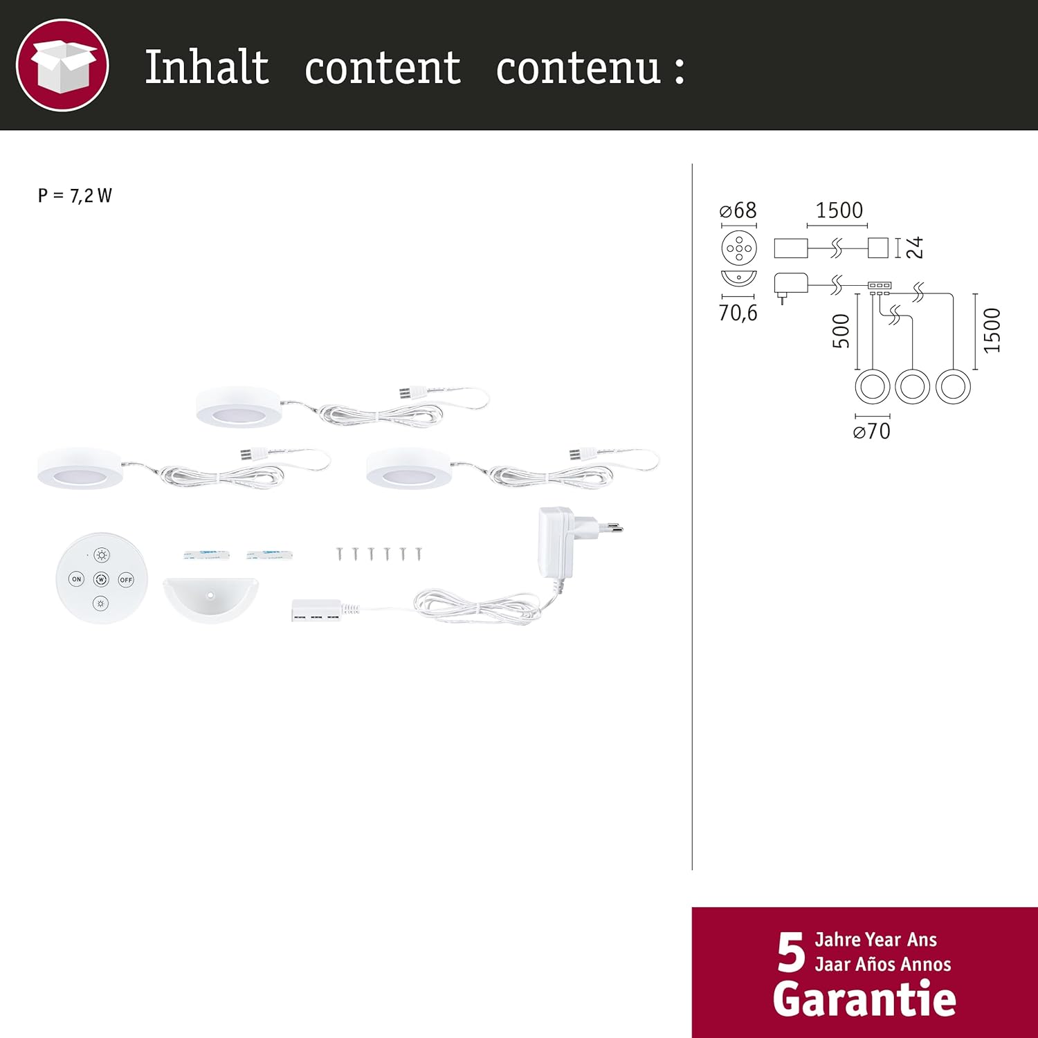 Diagram illustrating the dimensions of the Paulmann Batuno LED cabinet lights and a list of included components.