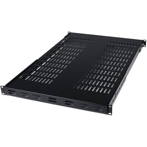 StarTech 1U Adjustable Vented Rack Shelf, 19in, 175lb, TAA (ADJSHELF) | 19.5-38in adjustable mounting depth, 27.5in deep universal tray, SPCC steel, Maximizes airflow