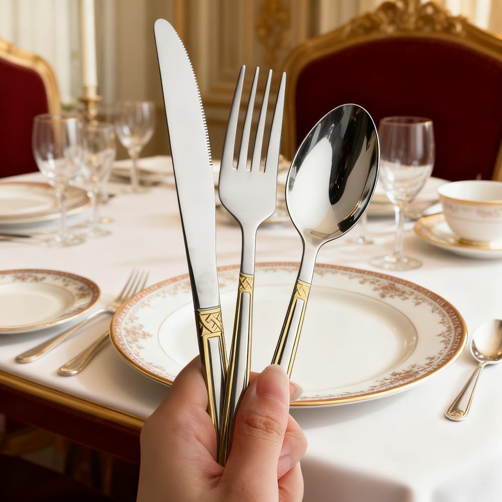 Stainless Steel Cutlery Set Kitchen Flatware Silverware Tableware Handle Spoons Forks Knife for Hotel Home Coffee Spoon Dining Round Mixing (20-piece set)