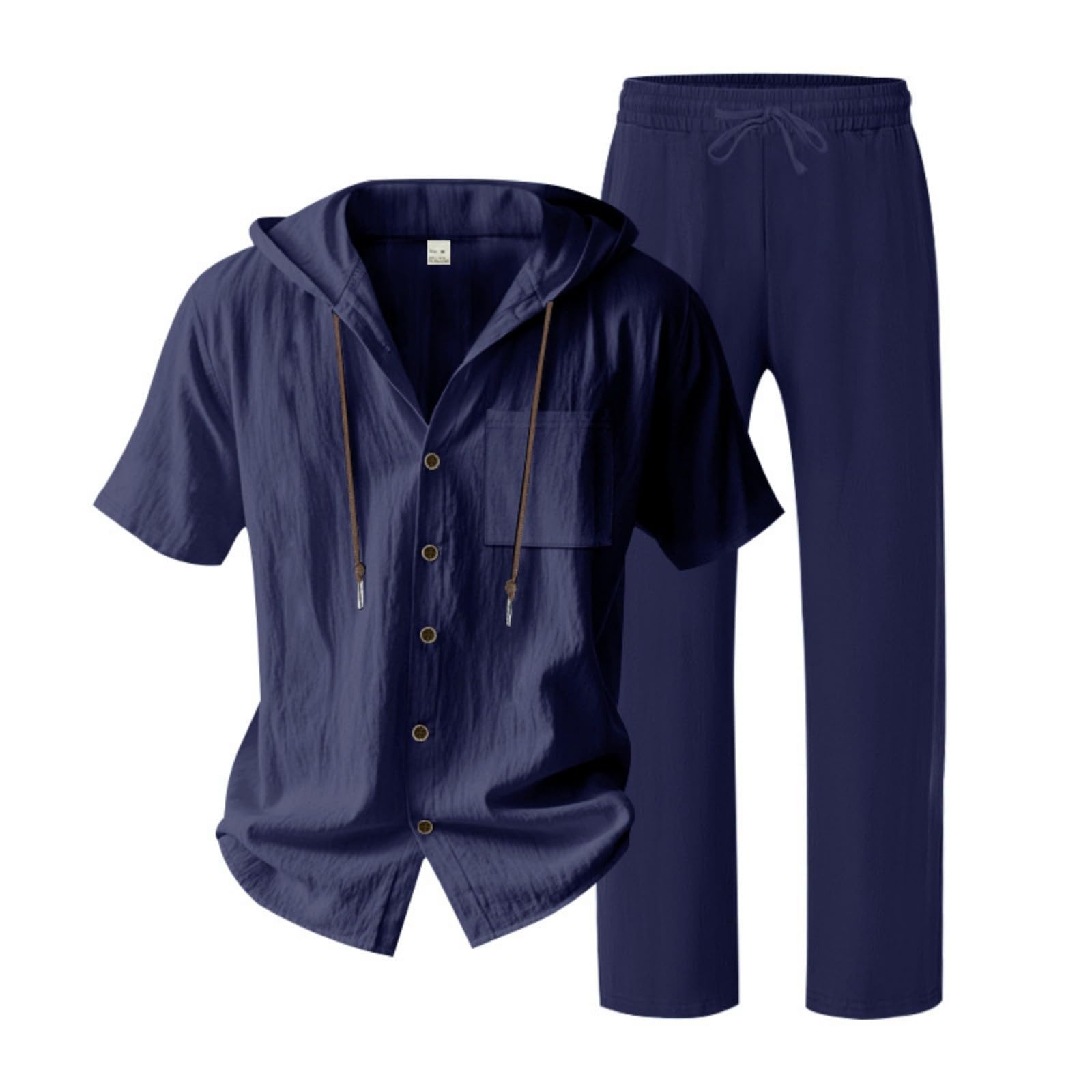 Sommeranzug Herren Leicht Leinen Set Kurzarmhemd Und Hose Sommer Outfit Set 2 Teiliges Strandanzug Einfarbig Casual Hawaii Kostüm mit Kapuze Freizeitanzug Leinenanzug S-3XL