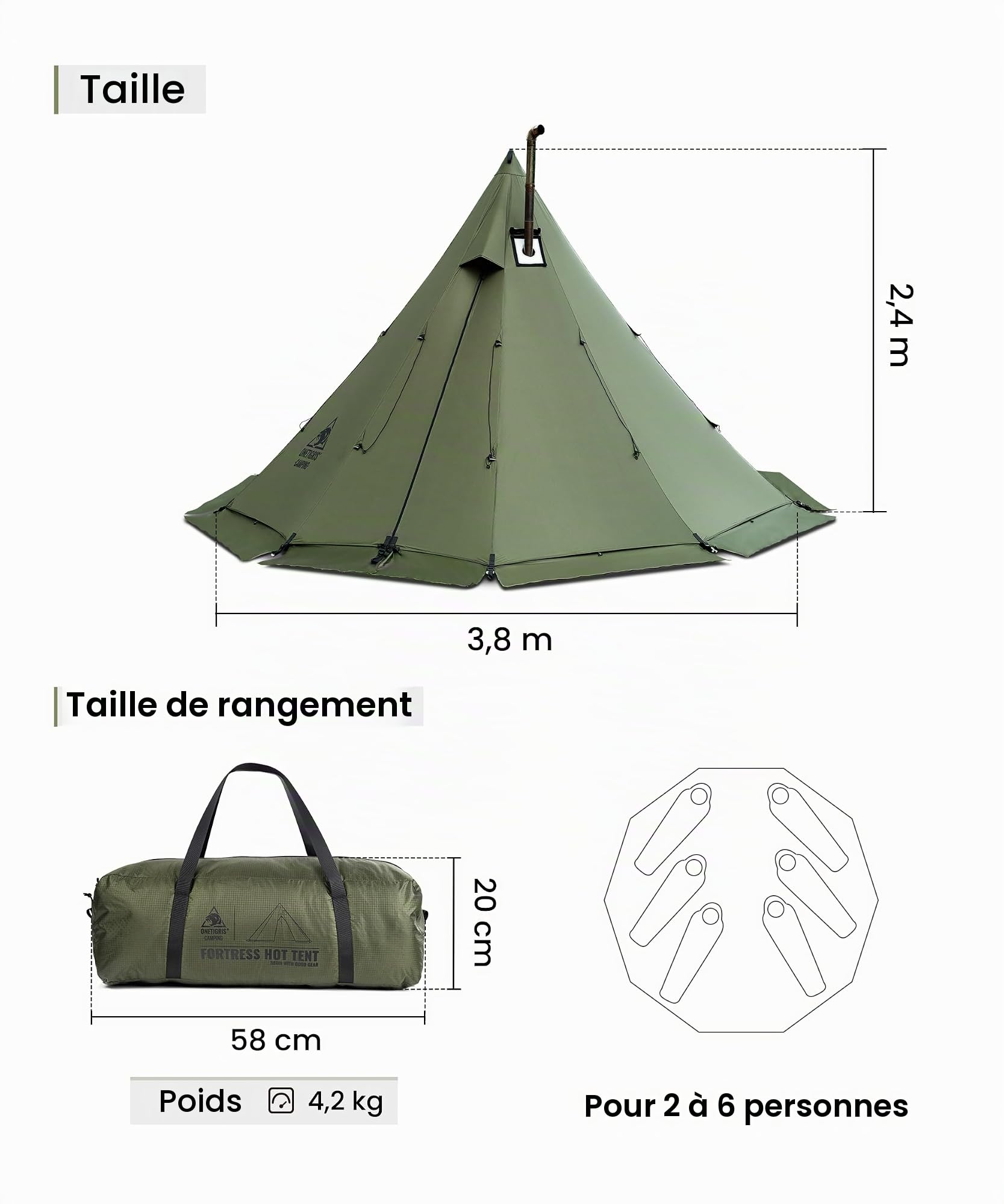 OneTigris Rock Fortress Tente tipi pour 4 à 6 personnes - Tente pyramidale avec mât de tente - 4 saisons - Colonne d'eau de 3000 mm - Pour l'extérieur, le camping, la randonnée, le trekking (vert