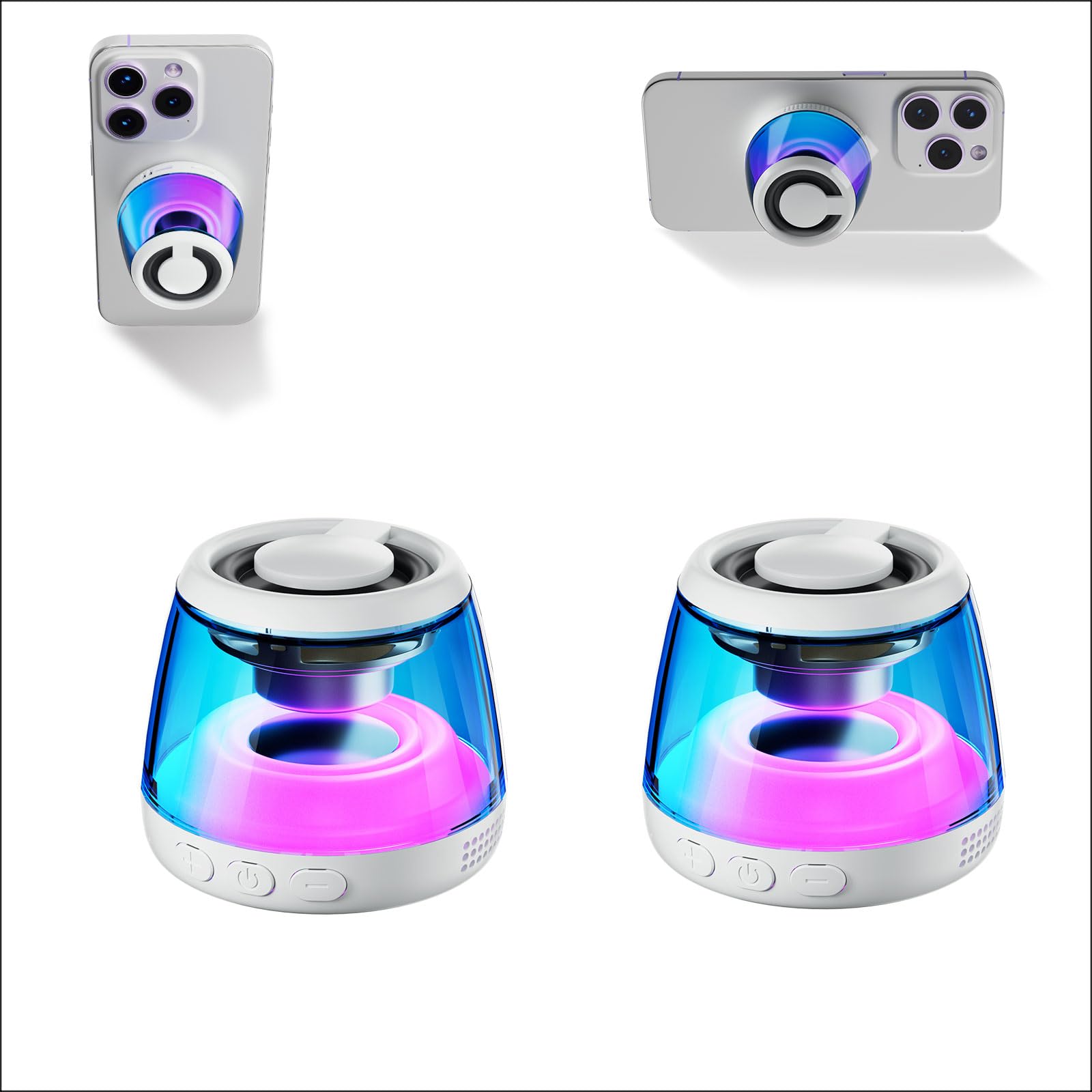 aipidmaga Two Magnetic Bluetooth Speaker,Wireless Induction Bluetooth Speaker,Mini Portable Cell Phone Stand for iPhone, Lanyard & RGB Night Light,or Home,Outdoors,Pool,Birthday Gift
