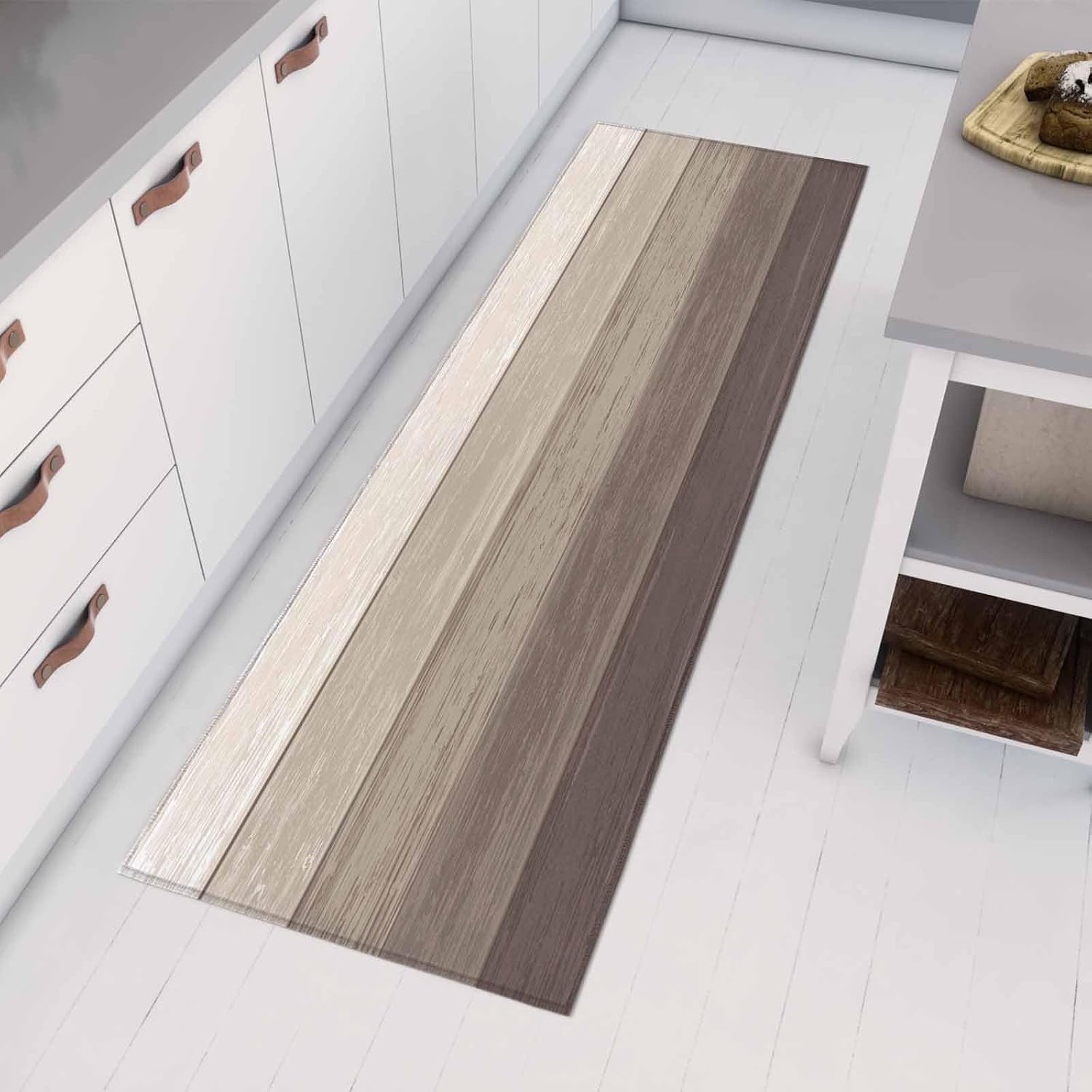 Teamery Kitchen Mats for Floor Brown Retro Wood Board Washable Non Slip Kitchen Rugs 1PCS, Country Farmhouse Khaki Gradient Absorbent Standing Mats for Sink Bathroom Office Living Room 23.6x70.9in