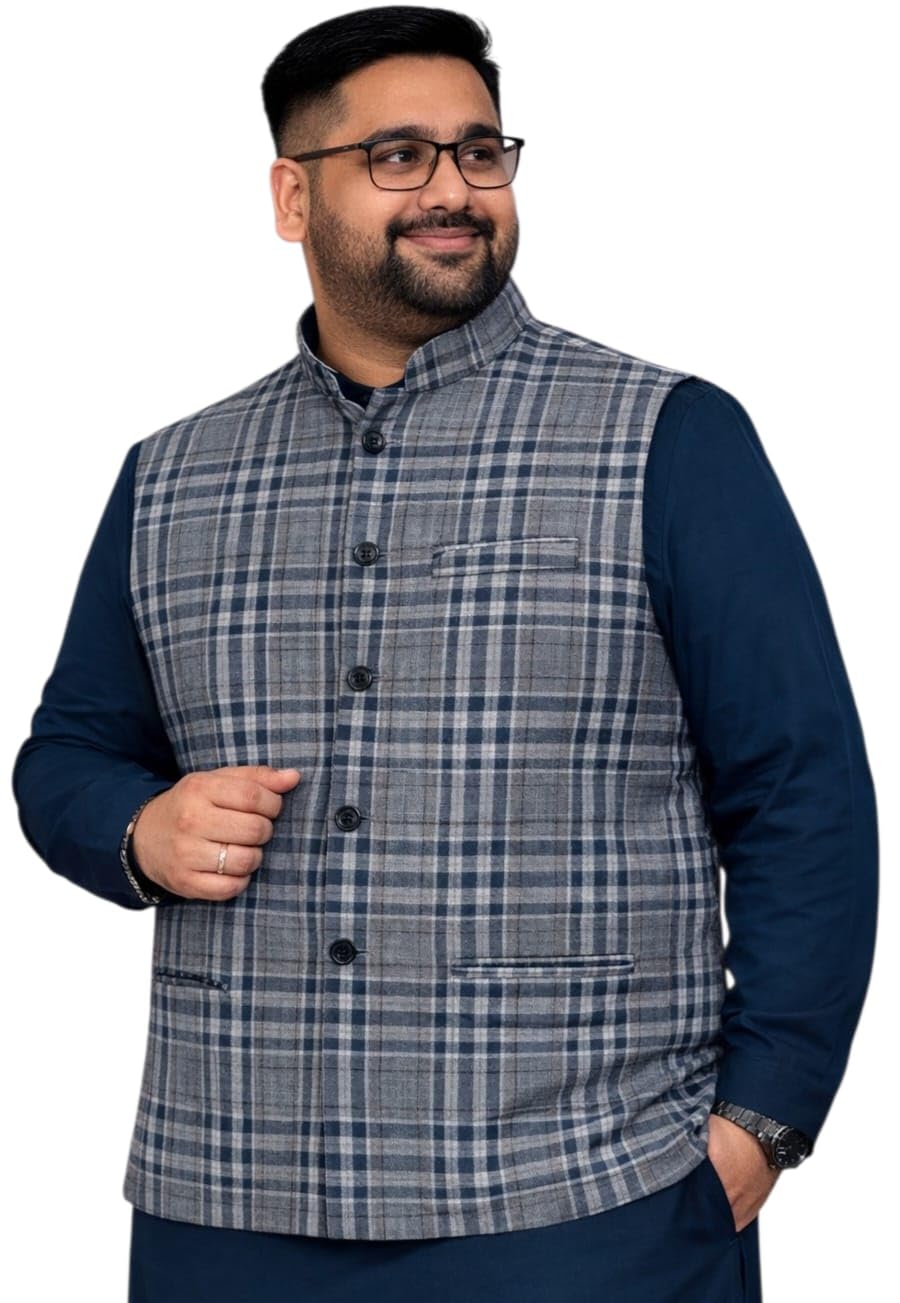 ifox lifestyle Men's Plus/Big/Tall Size Blue Check Nehru Jacket, Cotton Blend Ethnic Waistcoat for Wedding and Party Occasions (IN, Alpha, 7XL, Plus)-picture-13