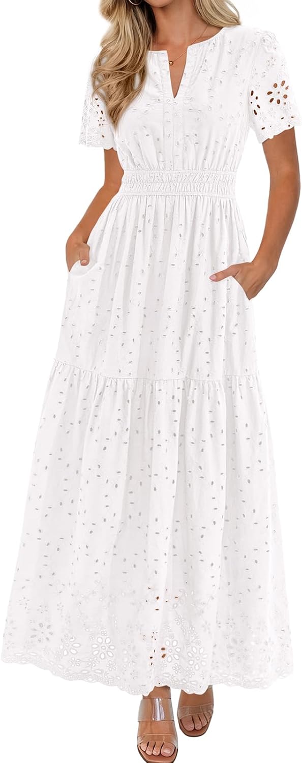 PRETTYGARDEN Womens Spring Maxi Dress Short Sleeve V Neck Cotton Hollow Out A Line Beach Vacation Long Dresses with Pockets