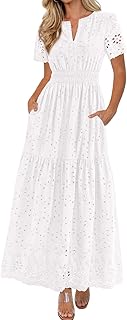 PRETTYGARDEN Womens Spring Maxi Dress Short Sleeve V Neck Cotton Hollow Out A Line Beach Vacation Long Dresses with Pockets