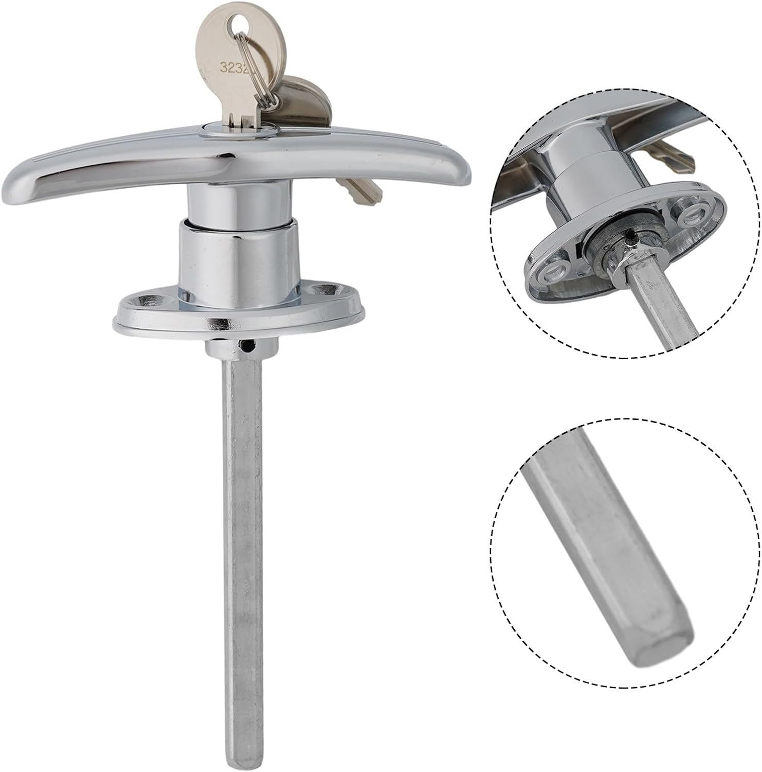 Garage Door Lock T Handle Rear Fixed Keyed Alike Zinc Alloy, Shed, Campervan, RV, and Garage - Silver (Pack of 1 with 2 Keys)